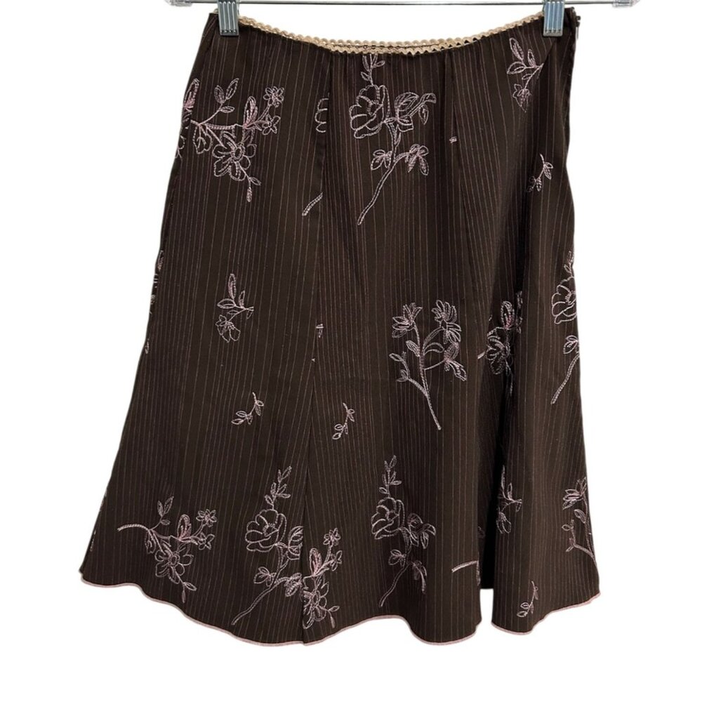 Vintage JKLA California Brown Pinstripe A Line Skirt Pink Floral Embroidery Sz M